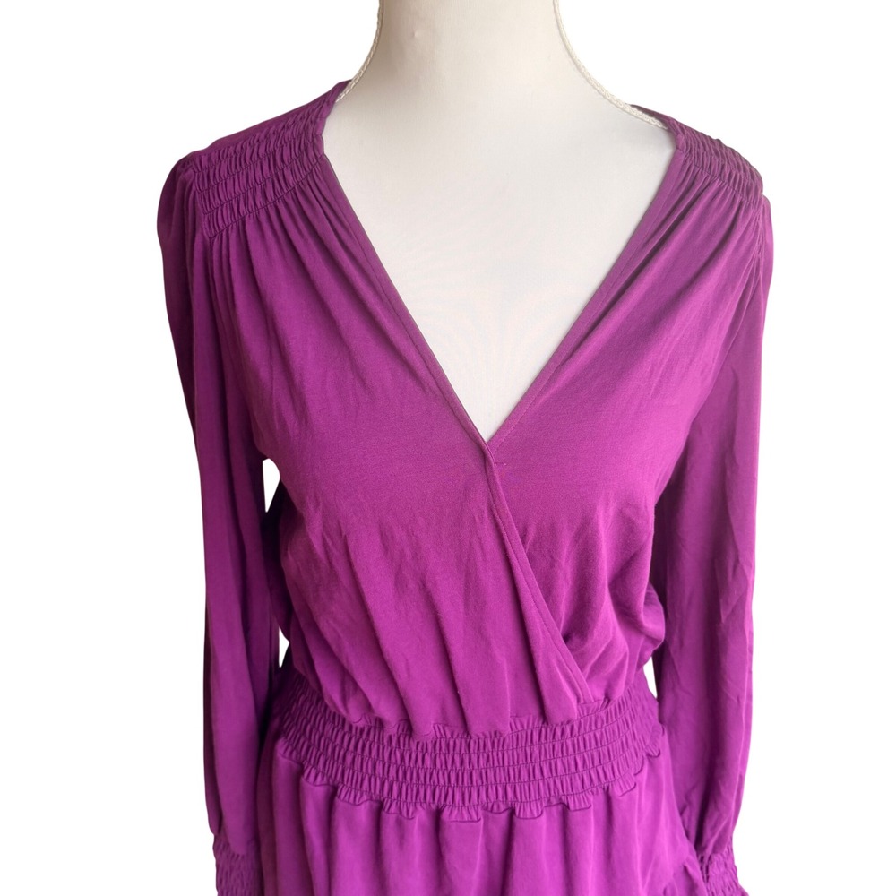 Duffield Lane Plum Dress Womens S Purple Long Sleeve Smocked V-Neck Ruffle Mini - Picture 2 of 6
